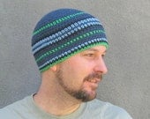 mens cotton beanie/ blue denim green crochet