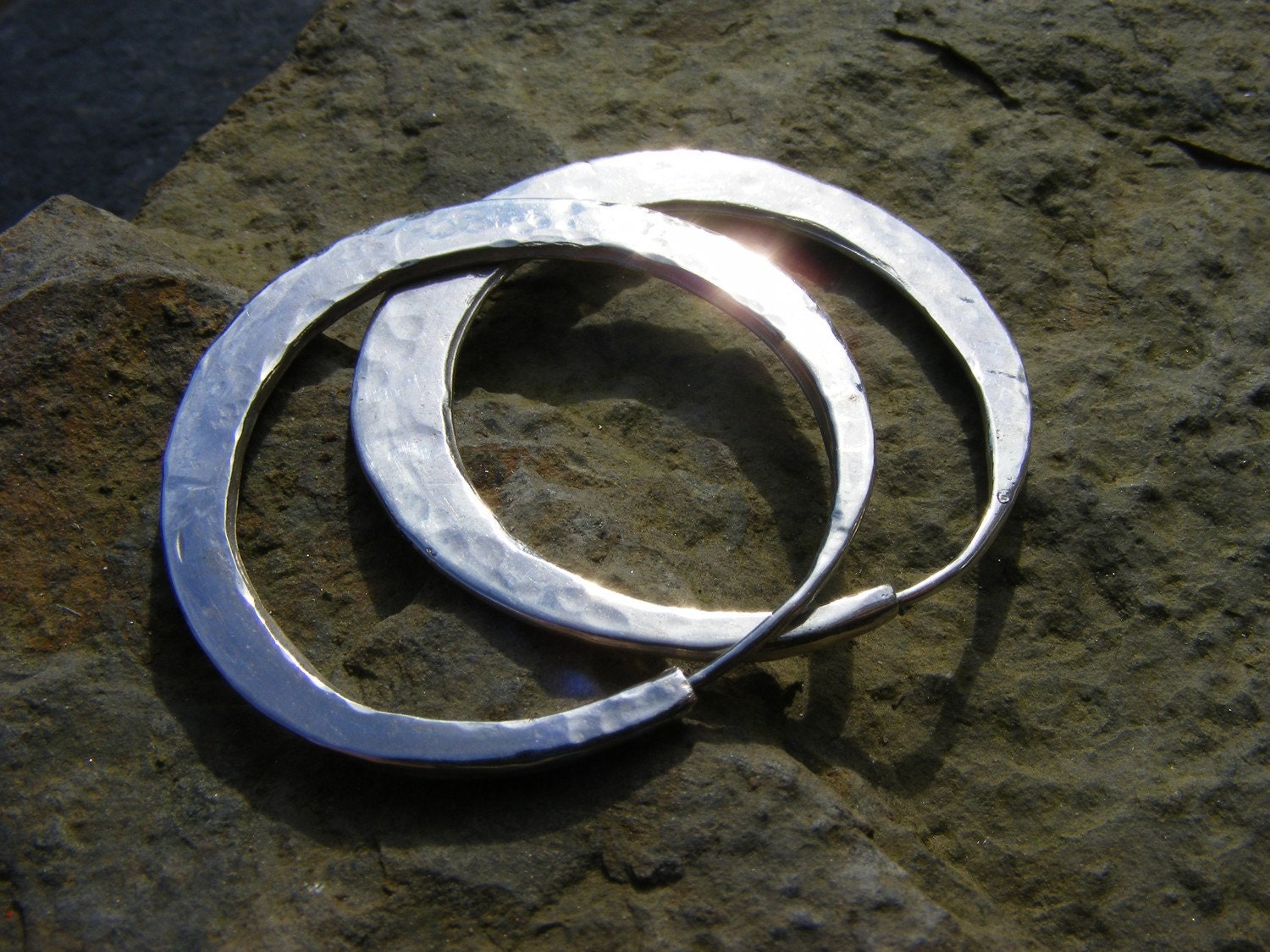 Hand Beaten Bright Silver Hoop Earrings- Hang The Moon-