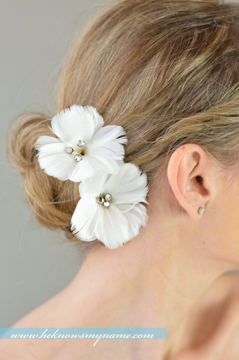 Wedding Accessories Bridal Hair, Petite Feather Fascinators (set of 2) - feather flower headpiece, small flower, white, rhinestone, crystal