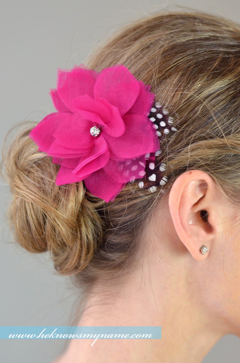 Weddings Bridal Accessories Hair Comb, Airy Flower Headpiece with Dotted Feathers - chiffon, organza, flower headpiece, fuschia