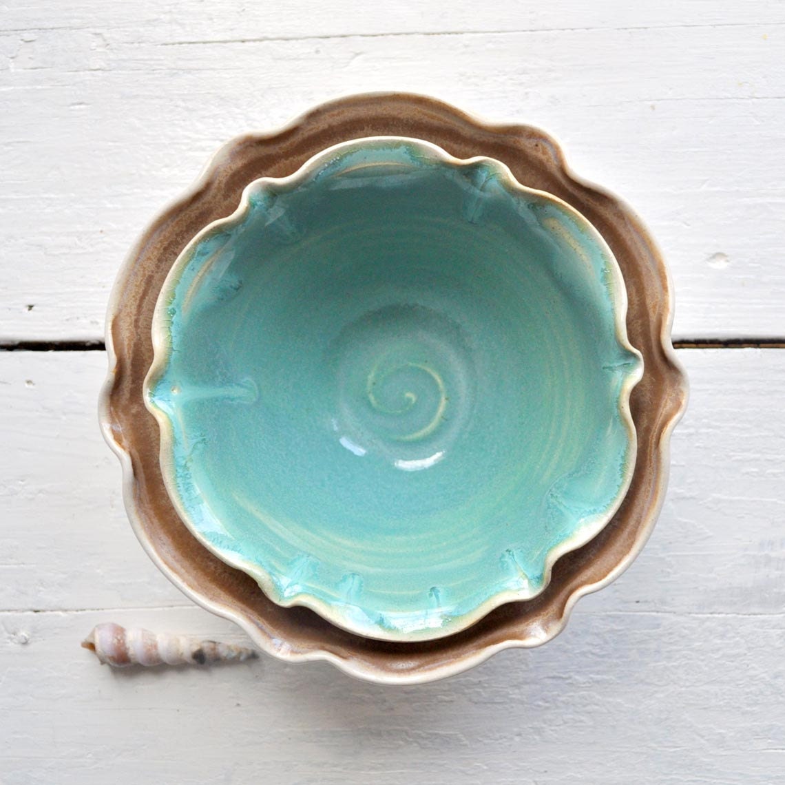 Nesting Bowls food prep or serving Turquoise and Chocolate Sorbet  2 Flower bowl set minimalist
