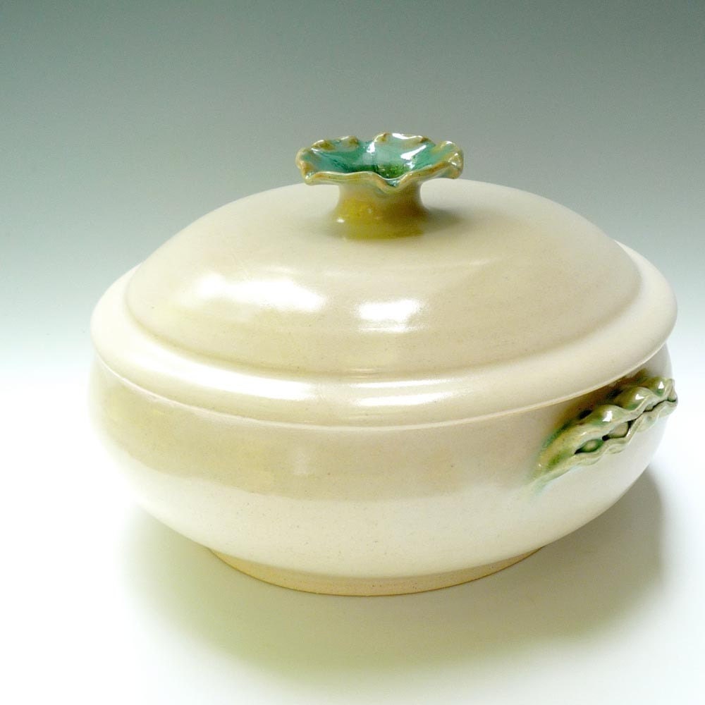 White ceramic casserole lidded casserole with Pea Pod Handles handmade stoneware pottery baking dish 2 quart