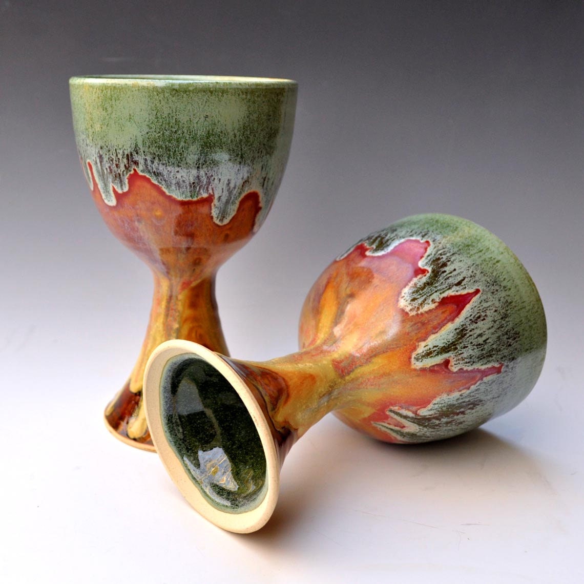 2 ceramic chalice wine goblet glasses handmade stoneware pottery goblet set in Green Tea Chai harvest colors