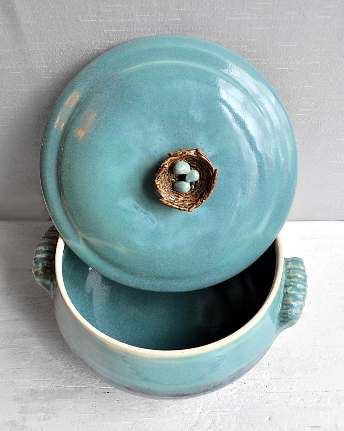 ceramic Casserole handmade lidded stoneware casserole baking dish bird nest with eggs wheel thrown