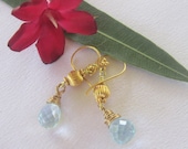 Aquamarine Multi Faceted Glass Briolette on 14K Gold Filled Earwires, Dangle Earrings, Wire Wrapped