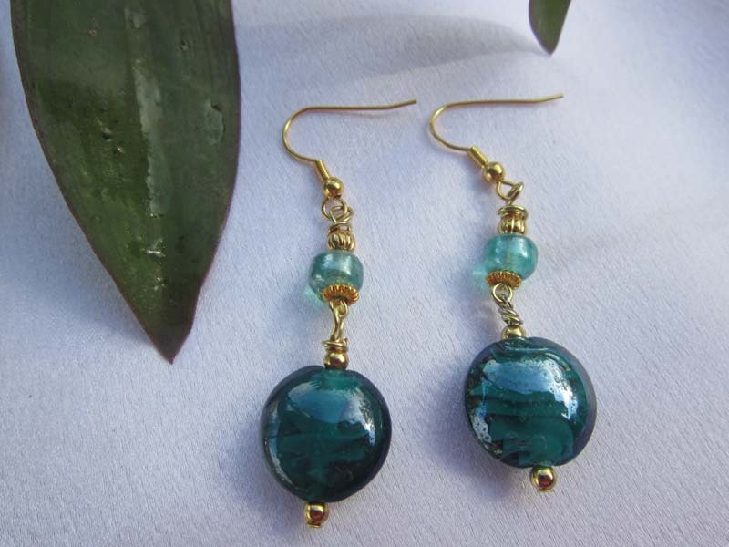 Deep Blue Lampwork Earrings with Czech Aquamarine Glass Beads, Gold Earwires, Artisan Jewelry