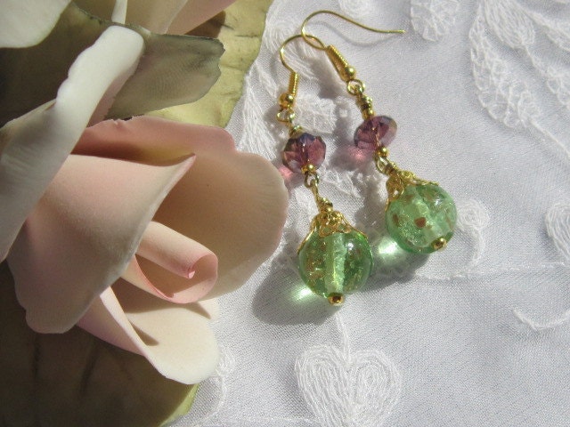 Green Lampwork Dangle Earrings, Gold Plate