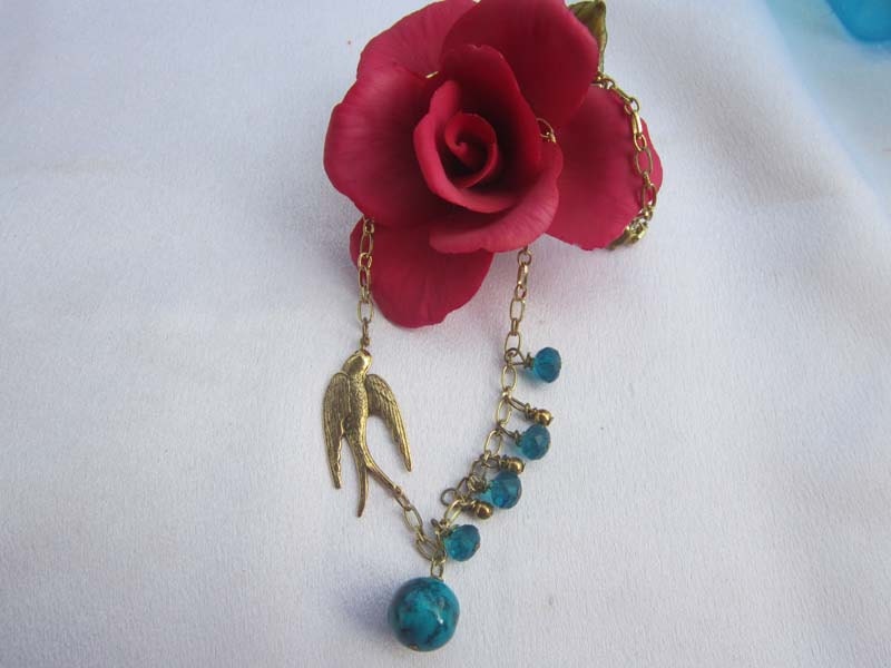 Gold Bird Necklace and Swarovski Crystal Rondelles, Artisan Jewelry,