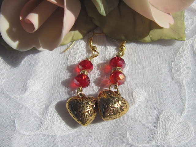 Gold Puff Heart Dangle Earrings with Red Czech Crystal Rondells, Artisan Jewelry