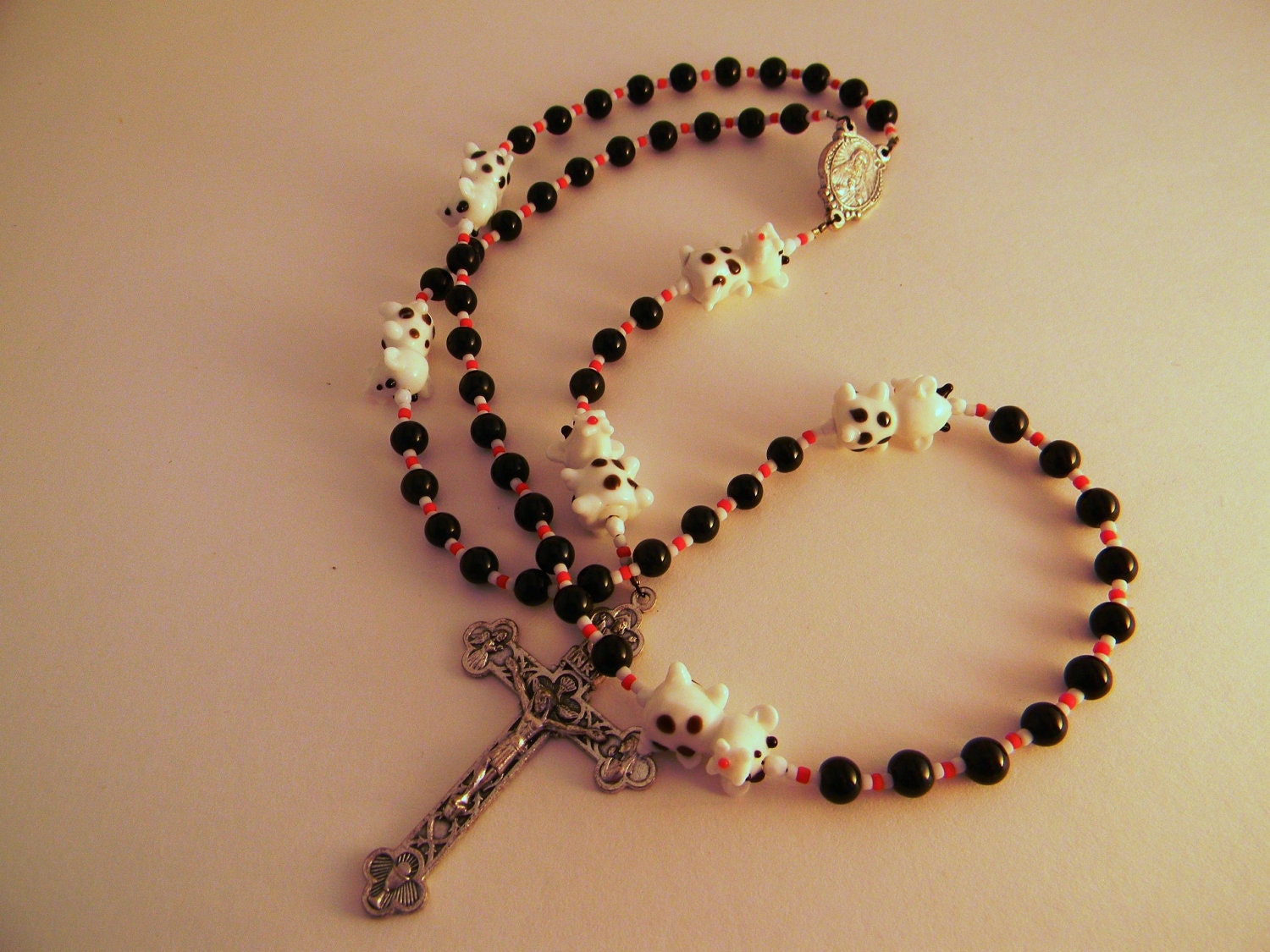 fun and whimisical handmade lampwork cow glass rosary with silver