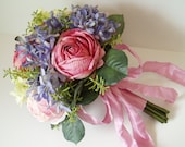 Wedding Bouquet Brides Bouquet Silk Flower Set PINK BLUE PURPLE backyard wedding vintage modern floral - 10 pieces