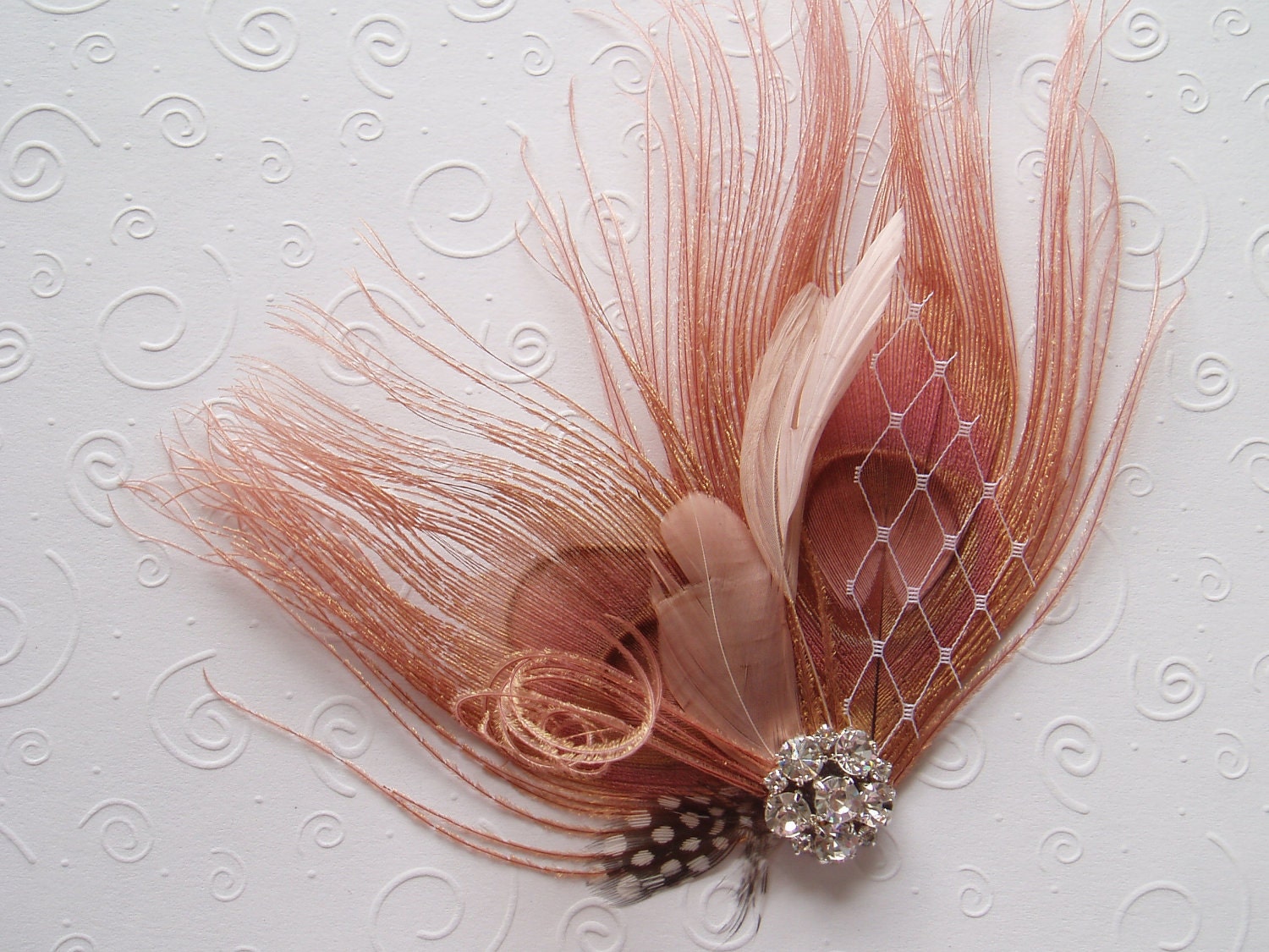 Peacock Feather Hair Clip WEDDING FASCINATOR bridal accessory Antique Pink facinator bride hair piece - Ready to Ship