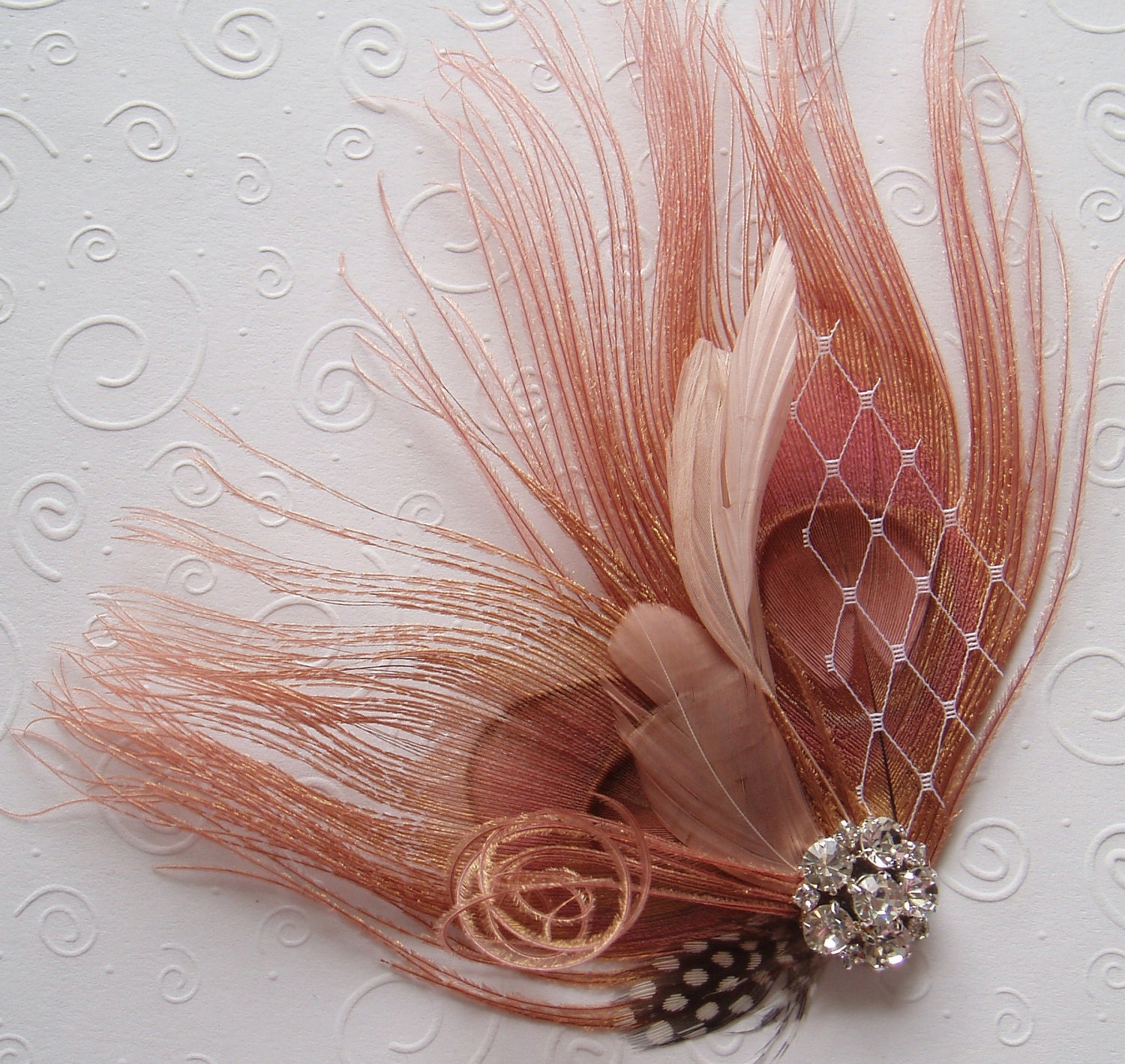 Peacock Feather Hair Clip WEDDING FASCINATOR bridal accessory Antique Pink facinator bride hair piece - Ready to Ship