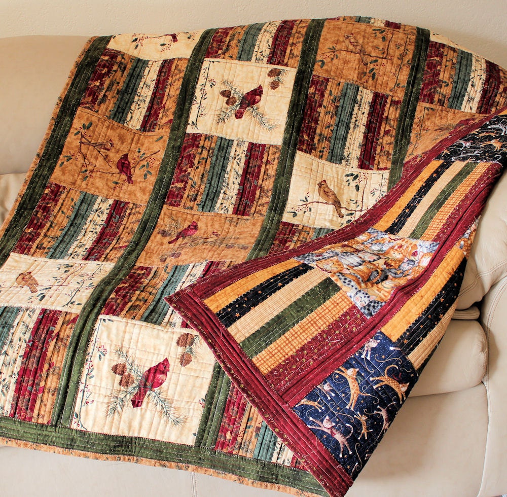 Reversible Masculine Lap Quilt - Cats and Birds
