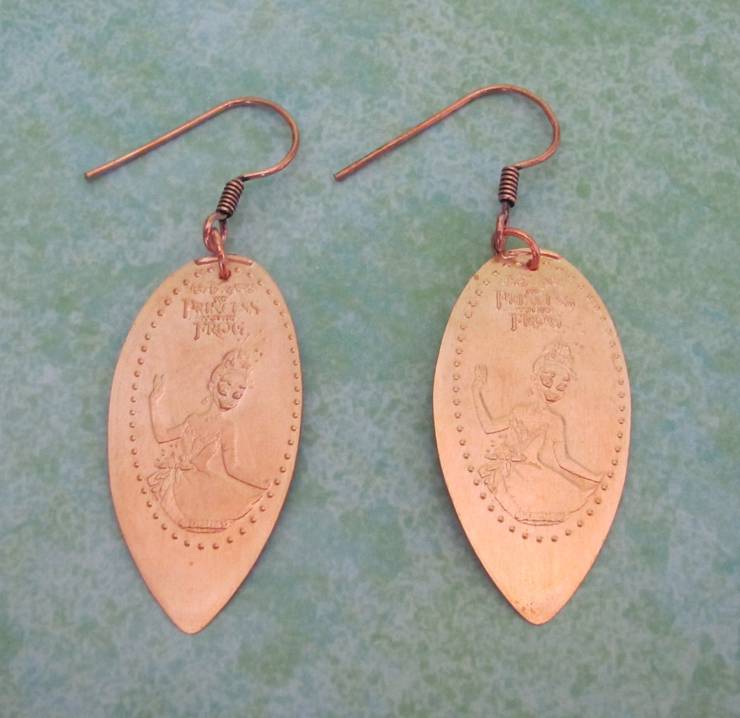 Disney World Tiana Princess and the Frog pressed penny pure copper earrings