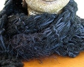Neck Scarf / Black Gray Fuzzy / Secret Agent / Handmade / Knit