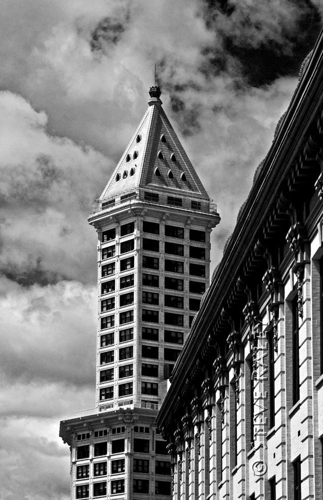 Smith Tower and Clouds (From Up Yesler Way) - 8 x 12 Fine Art Photograph Black and White