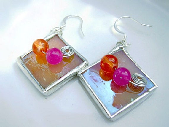 Peach Tangerine Tango Orange Earrings Glass Iridescent Summer Mothers Day Autumn Graduation Wedding Birthday Teen Gifts