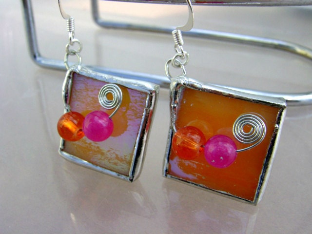 Peach Tangerine Tango Orange Earrings Glass Iridescent Summer Mothers Day Autumn Graduation Wedding Birthday Teen Gifts
