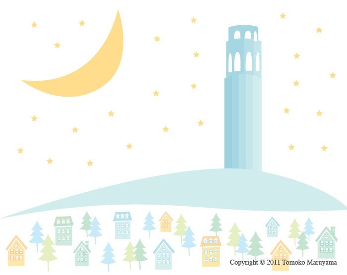 Coit Tower at Night Art Print 11"x14" - San Francisco, Coit Tower, California, Wall Art, Nursery, Skyline, Star, Moon, Blue, Victorian House