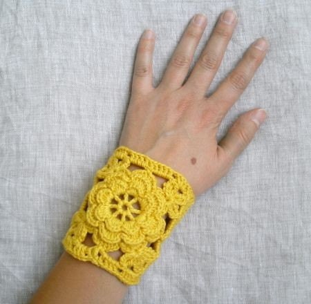 Crochet Wrist Warmers - Crochet Cuffs - Floral Cuffs - Yellow and Brown - OOAK