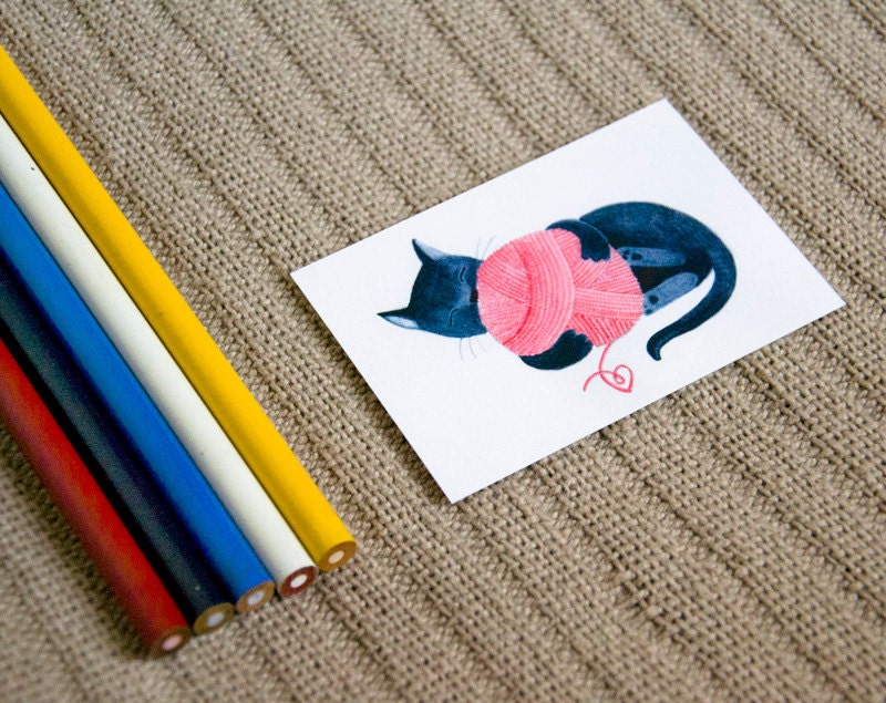 Black Cat print - ACEO size - red yarn cute print from an original watercolor illustration