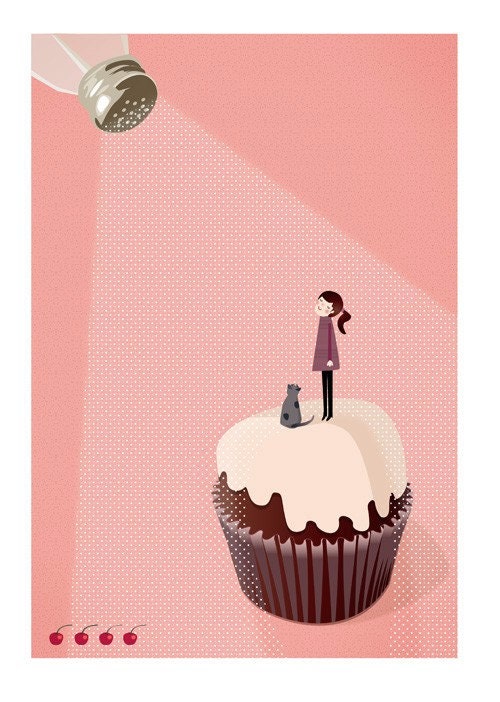 Muffin print Pink sugar rain girl cat - Sugar rain over the cupcake Print 8 x 11.5