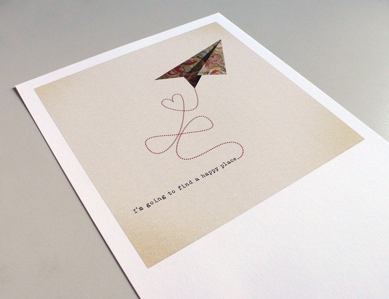 I am going to find a happy place Print 8 x 11.5 - Home Decor digital illustration airplane origami heart fly freedom cream natural