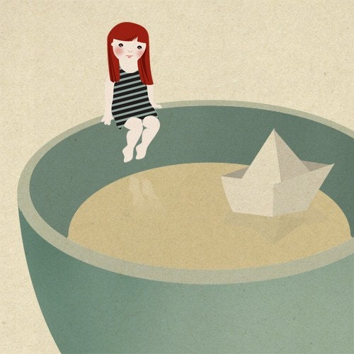 Tea Coffee girl paper boat ship illustration - Cup beach Print 8 x 11.5