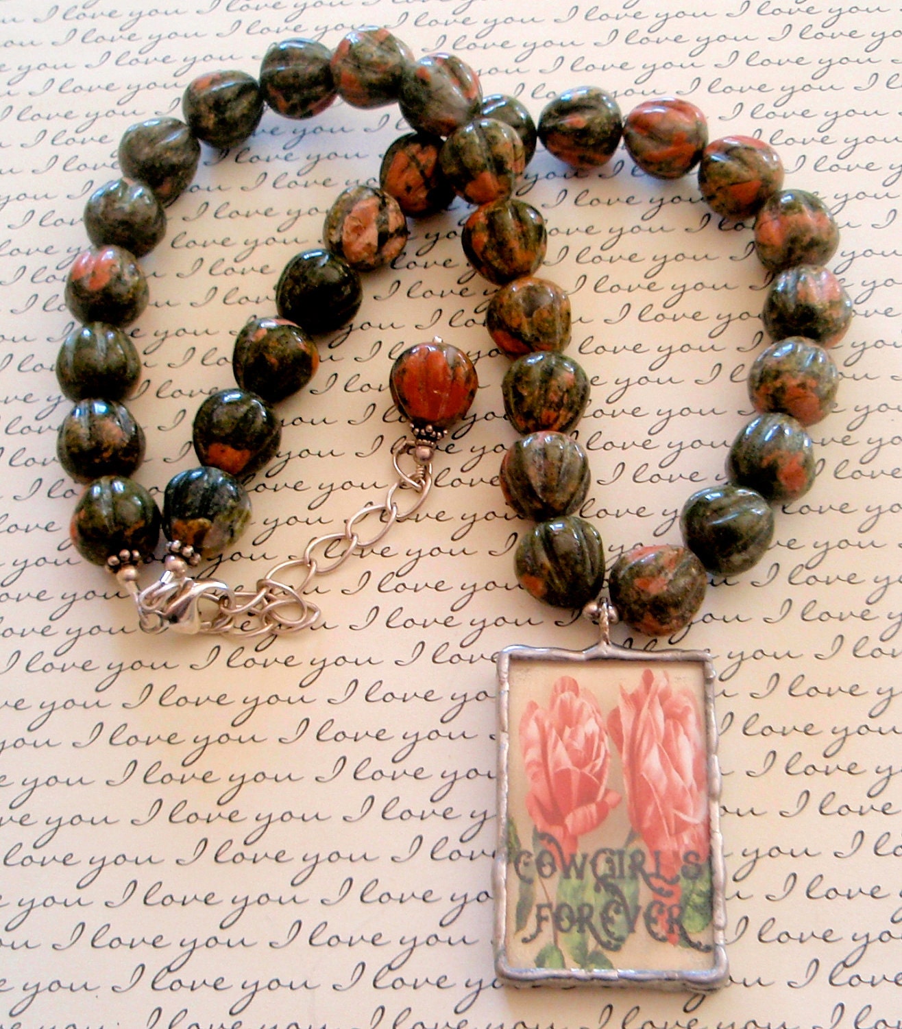 Unakite Beaded Necklace with Cowgirls Are Forever Altered Art Charm
