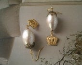 Vintage Pearl and Brass Crown Earrings with Patina Bead Caps and gold plated ear wires