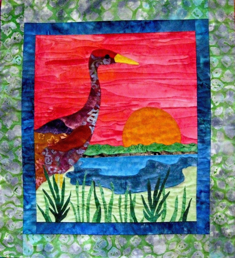 Art Quilt Wall Hanging Sandhill Crane Applique  Batik OOAK Handmade