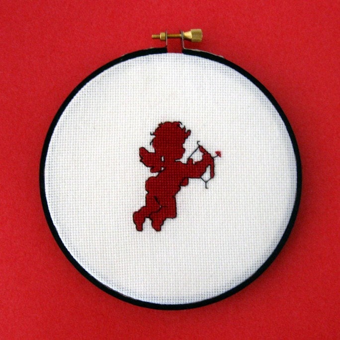 Cupid Valentines Day Wall Hanging Counted Cross Stitch Round Red and Black Handmade