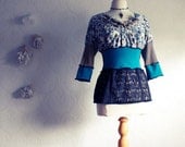 Women's Boho Top Upcycled Clothing Teal Blue Black Lace Striped Floral Bohemian Shirt Small 'COURTNEY"