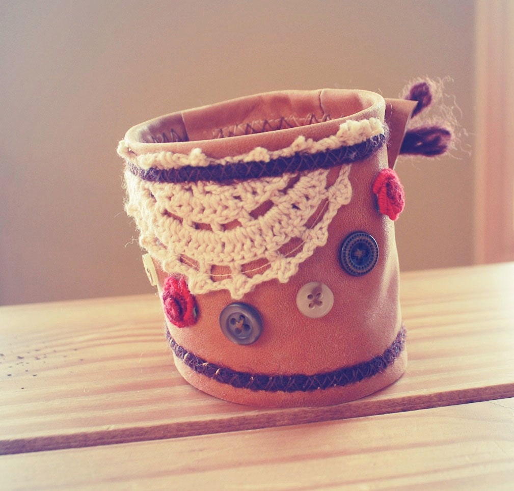 Bohemian Jewelry Tan Leather Cuff Upcycled Lace Bracelet Vintage Buttons Red Roses Boho Chic Rustic Style Eco Friendly