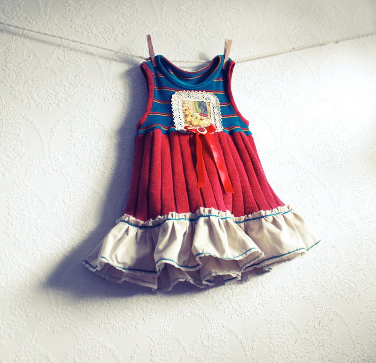 Toddler's Jumper Dress 2T Teal Burgundy Ruffle Lace Ducks Girl's Upcycled Children's Clothing 'OLIVIA'