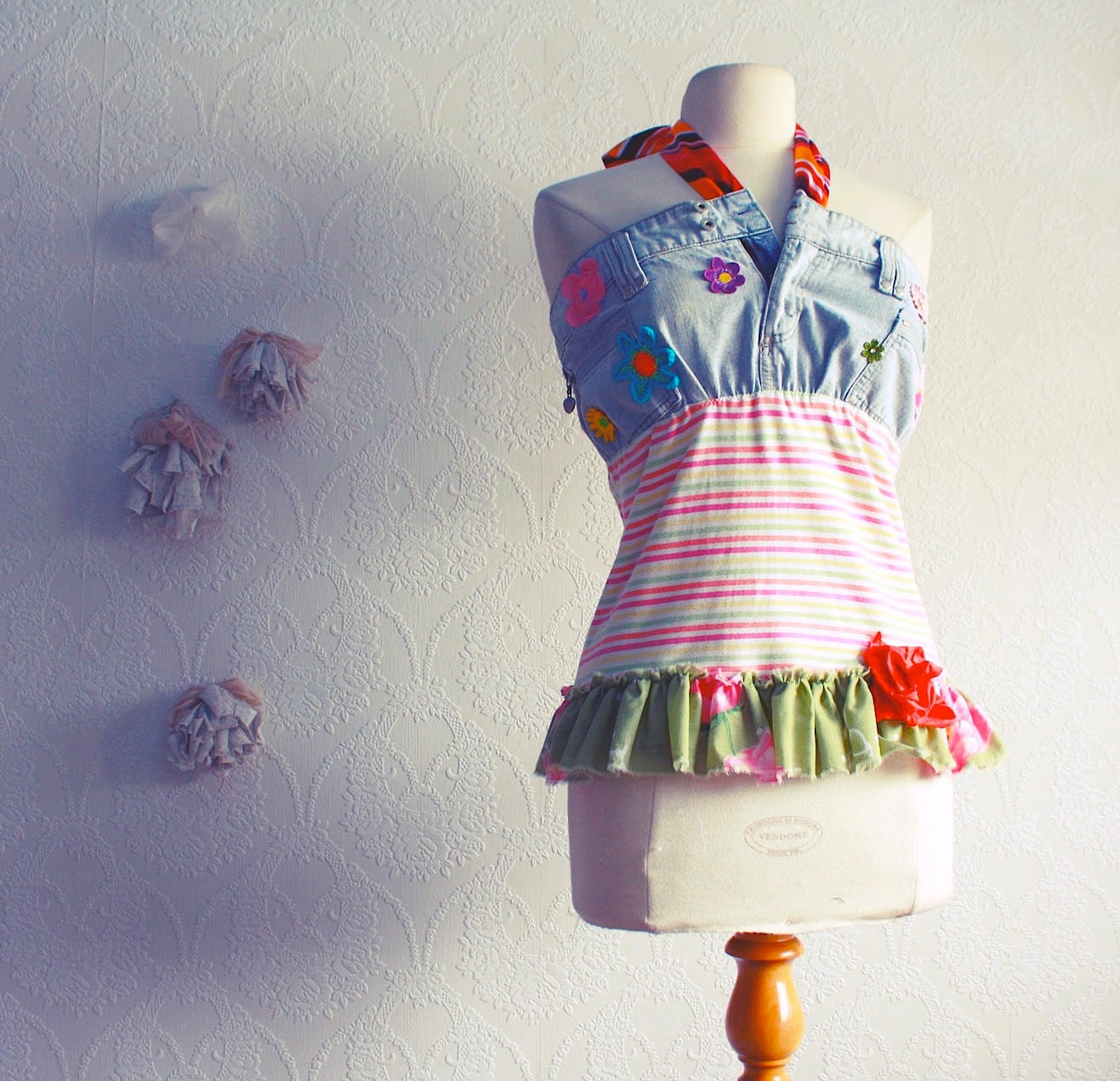 Women's HIppie Halter Top Bohemian Shirt Denim Pink Flowers Boho Chic Multicolor Tank Upcycled Clothing Small Medium 'EVALENE'