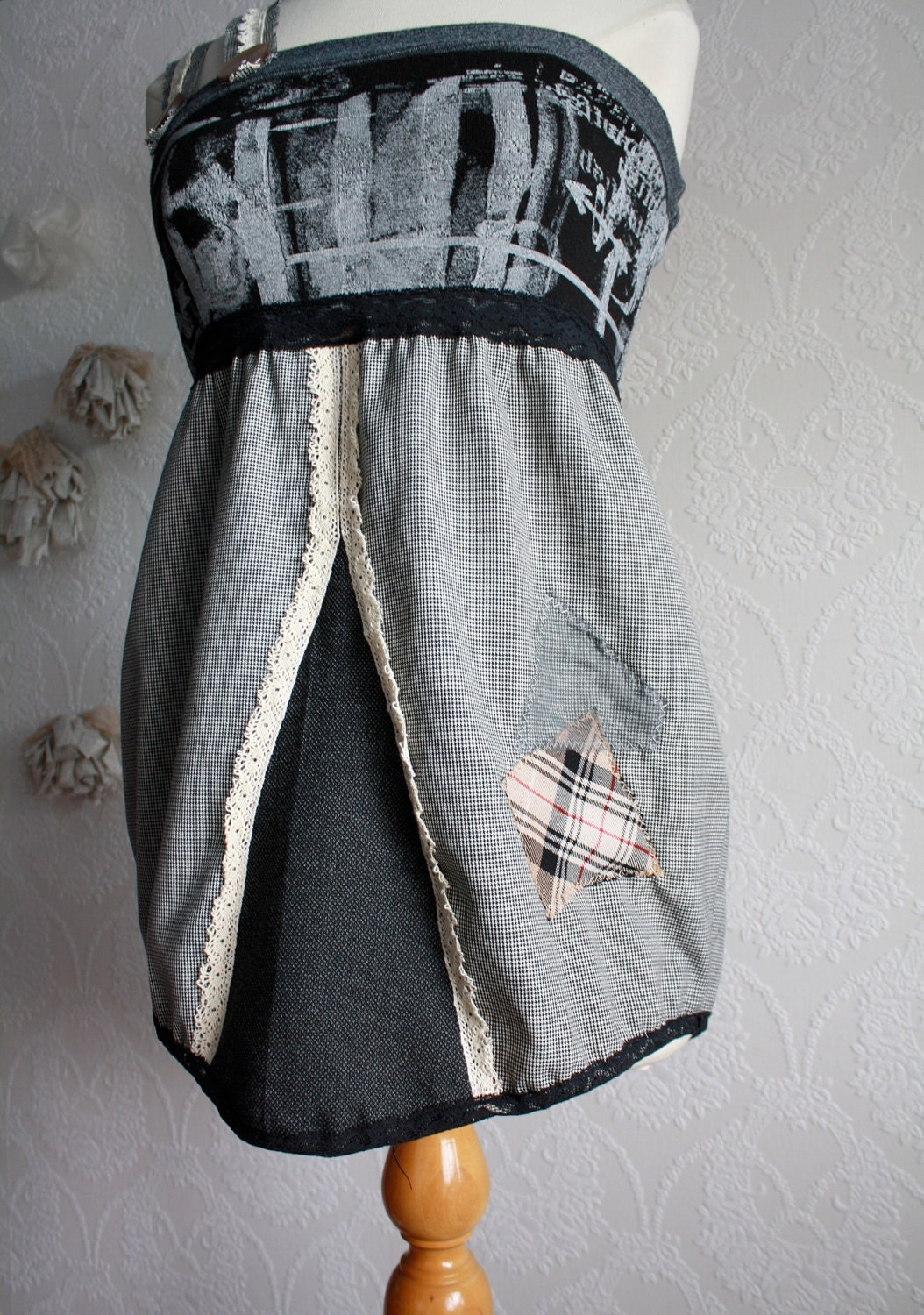 Women's One Shoulder Top Black Gray Cream Mod Shirt Sleeveless Tank Industrial Upcycled Clothing Medium Large 'MEHNDI'