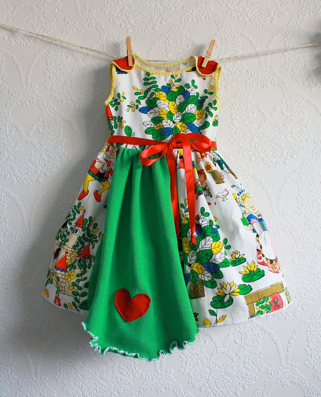 Fairy Tale Toddler Dress 2T Vintage Fabric Red Green White Girl's Jumper Dress Children's Upcycled Clothing 'GRETEL'