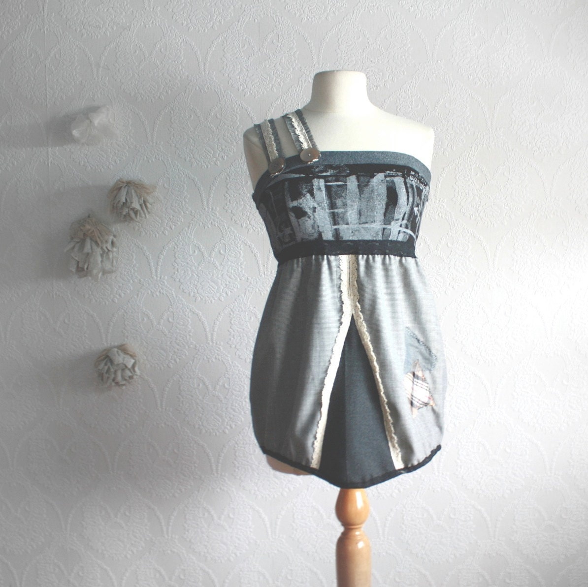 Women's One Shoulder Top Black Gray Cream Mod Shirt Sleeveless Tank Industrial Upcycled Clothing Medium Large 'MEHNDI'