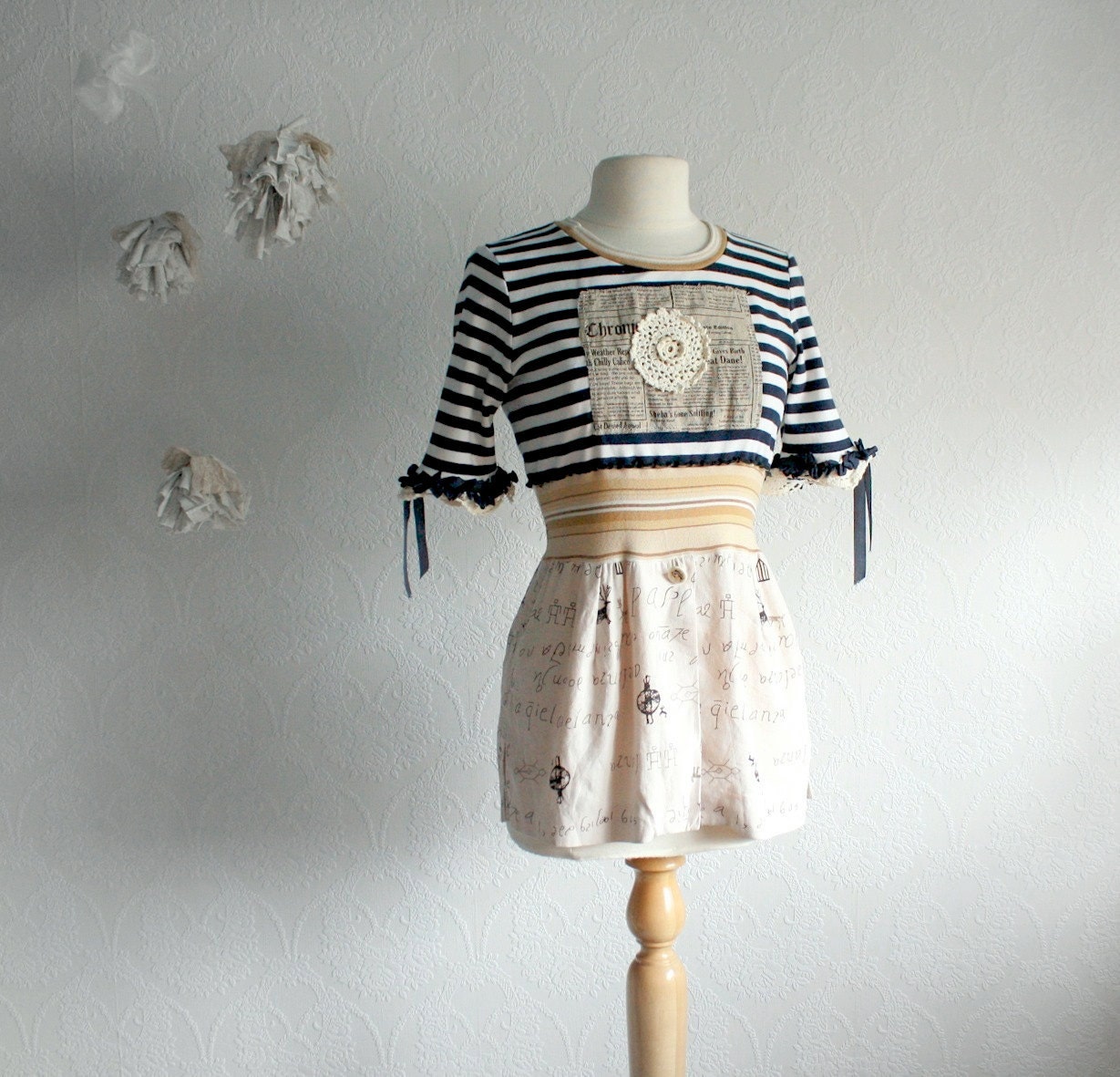 Women's Nautical Top Upcycled Clothing Navy Striped Beige Sailor Shirt