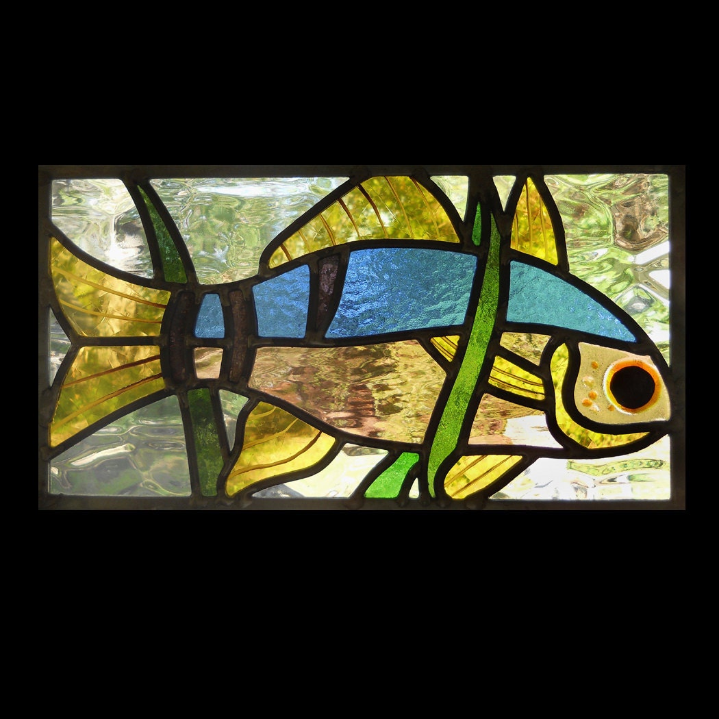 Curious Fish Stained Glass Panel by LeadedGlassWorks on Etsy