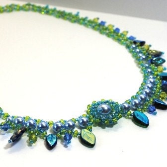 Statement Blue Choker Caribbean Colors Pearls and Leaves
