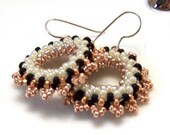Elegant Pearl White Black and Gold Hand Beaded Earrings
