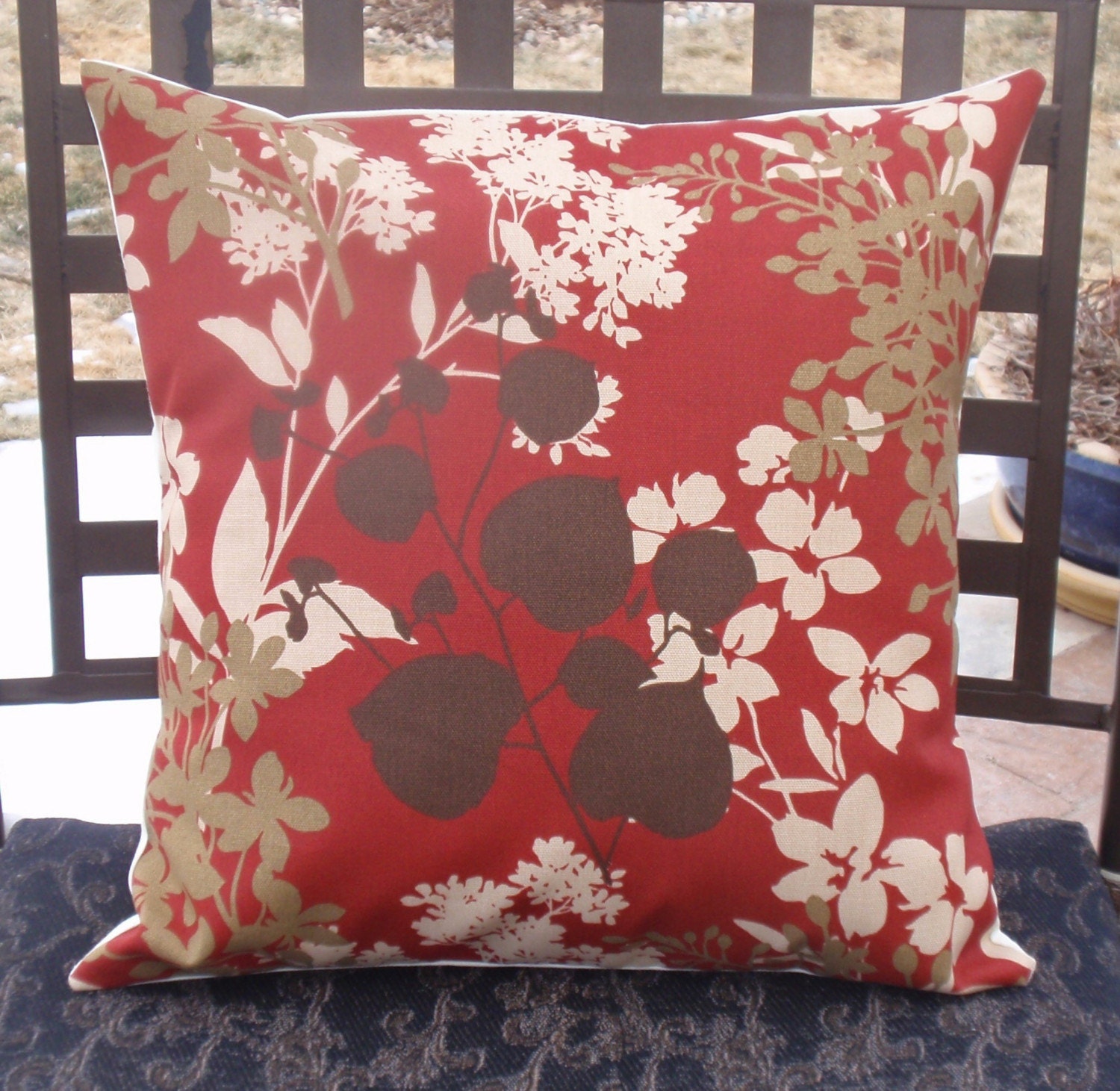 Throw Pillow Cover -16x16" sewn with Solarium Montfleuri Sangria Indoor-Outdoor Fabric - Red Floral Silhouette Throw Pilllow Cover