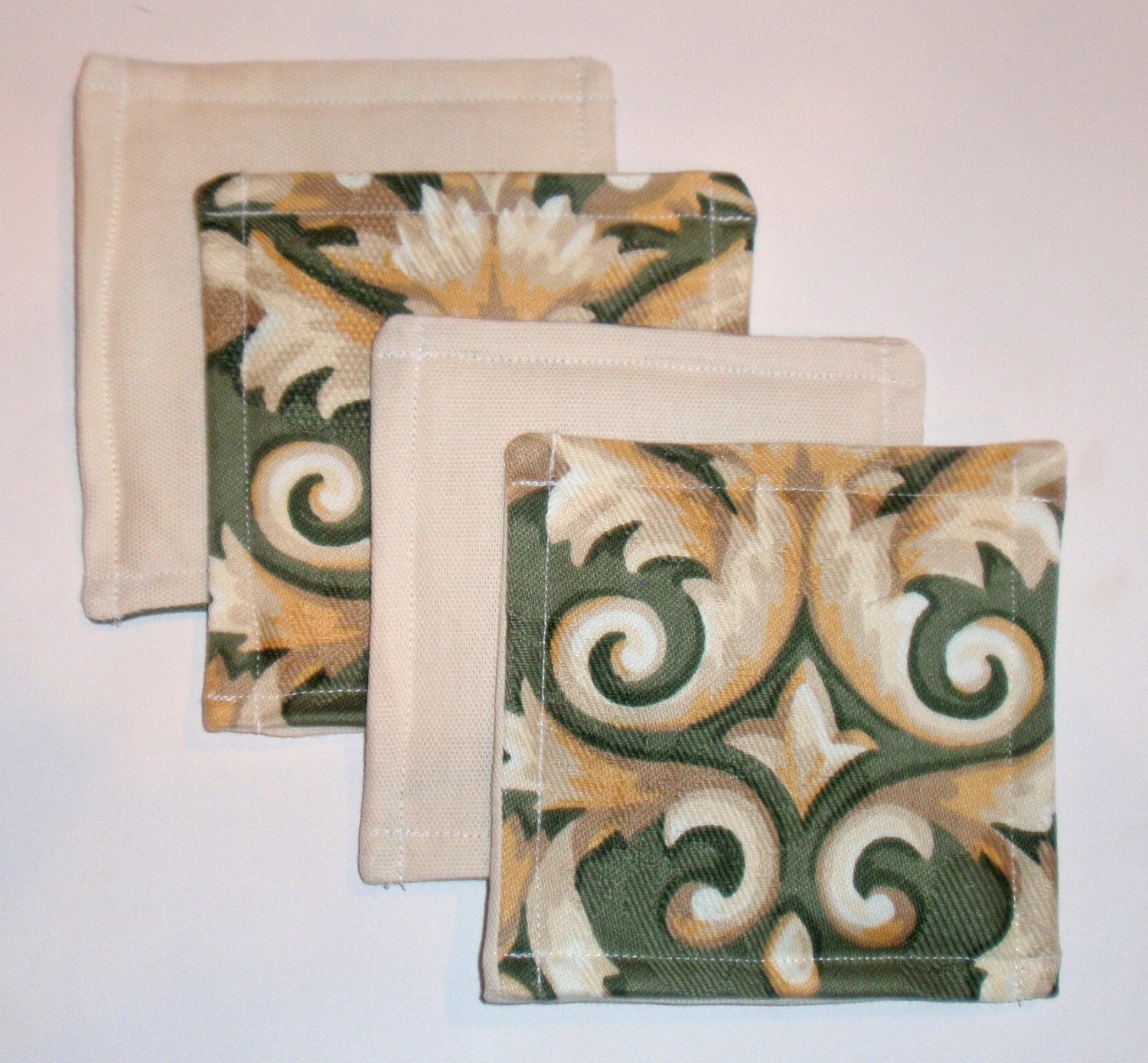 Drink Coasters Set of four 5x5  sewn in Western Textile's Sage Green and Ivory Damask