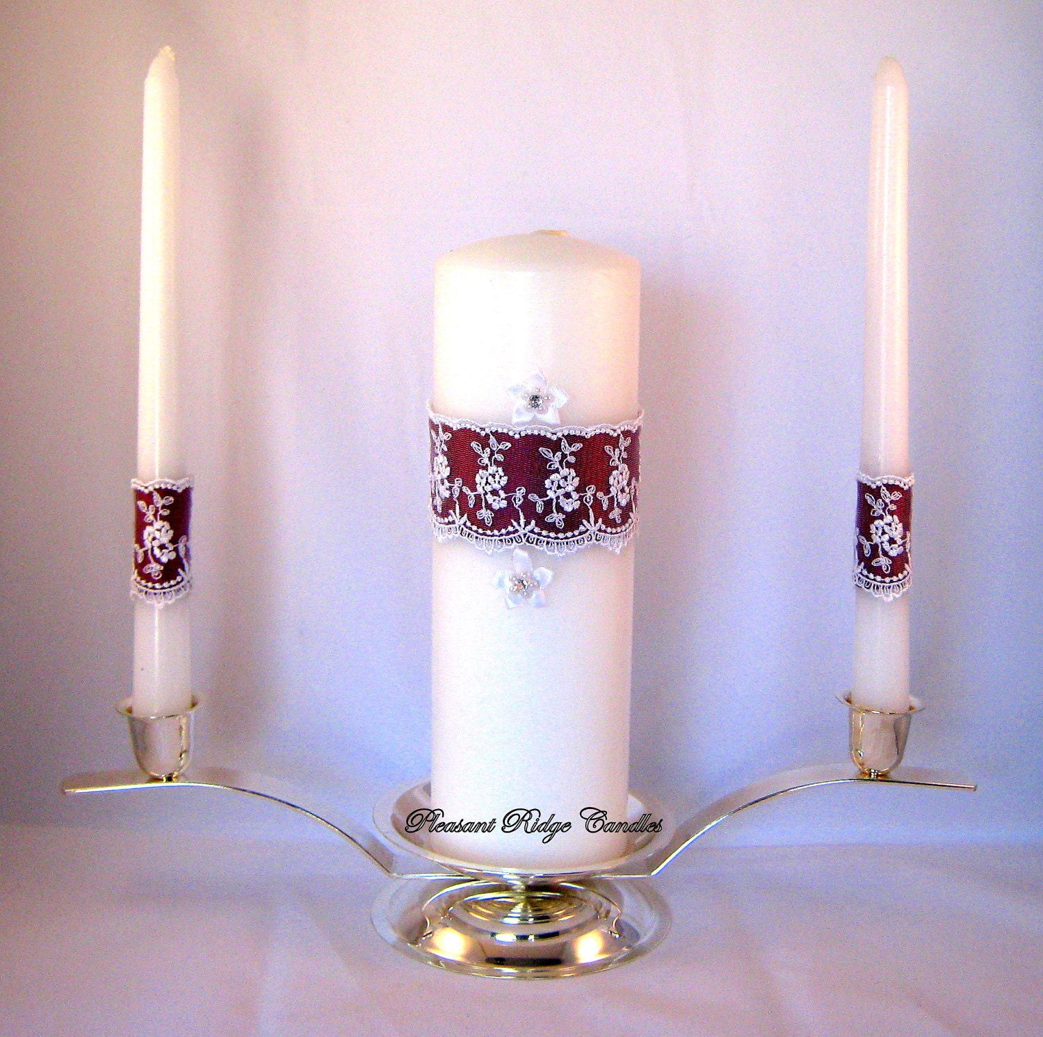 Unity Candle Set Apple Wine Burgundy White Lace Rhinestone