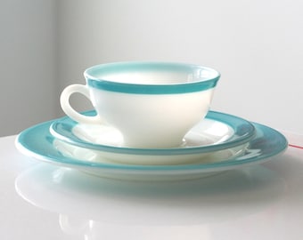 Pyrex Turquoise Stripe Cup, Saucer and Dinner Plate