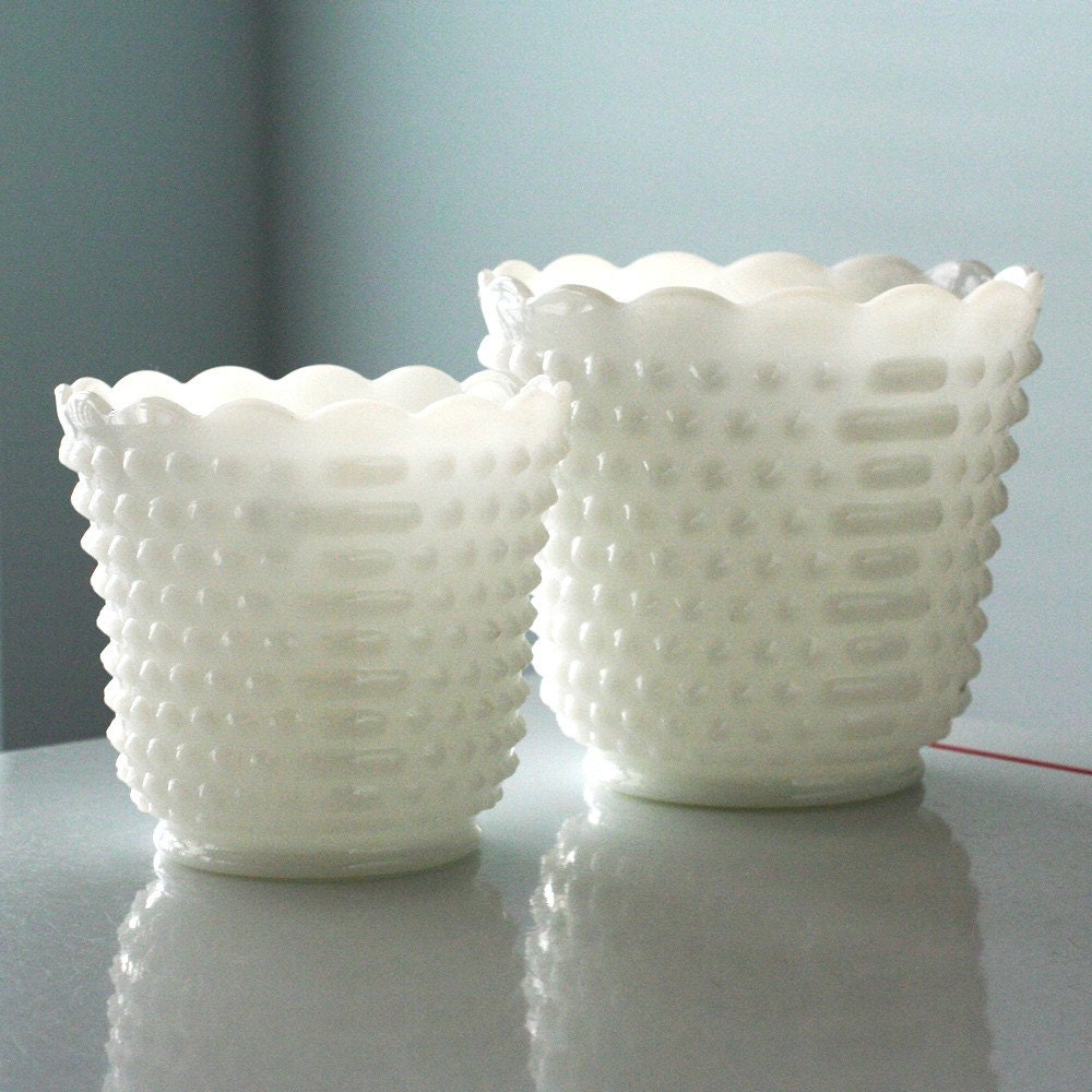 2 Fire King Milk Glass Hobnail Flower Pots by jaditekate on Etsy