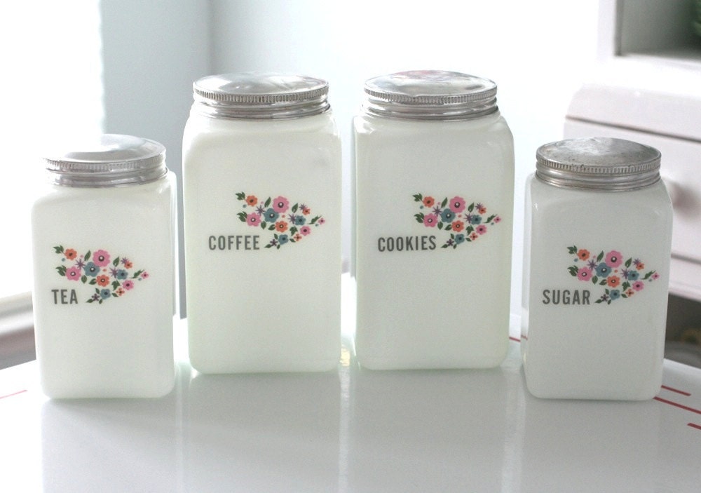 RESERVED - Set of 4 Milk Glass McKee Canisters